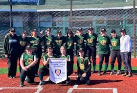 The Memorial Marauders girls’ high school softball team won the School Sport Nova Scotia Highland Region championship last month and advanced to play in the provincial tournament in Dartmouth. Front row, from left, Ceilidh Moore, Hannah Newell, Rebecca Handley, and Catherine Hoare. Back row, from left, Emily Osmond (coach), Kendall MacLellan-Penny, Emmaleigh MacNeil, Abby Richardson, Abby Gilbert-Ronayne, Victoria Guy, Maddy Herridge, Vanessa Gerrow, Aliyah Noble, Kennedy Jessome, and Melinda Parsons (coach). PHOTO CONTRIBUTED/PAM FRANCIS.