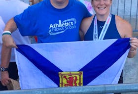 Brooklyn’s Sarah Mitton, right, and Wolfville’s David Bambrick captured their respective shot put divisions at the Canadian track and field championships on Saturday in Langley, B.C. - Contributed