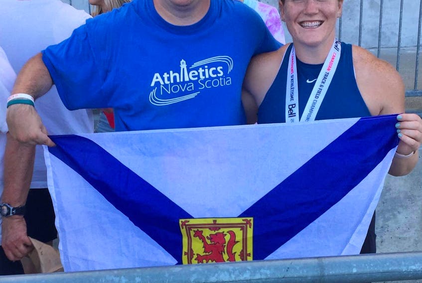 Brooklyn’s Sarah Mitton, right, and Wolfville’s David Bambrick captured their respective shot put divisions at the Canadian track and field championships on Saturday in Langley, B.C. - Contributed