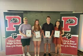 Glace Bay High School recently announced its annual athletic award winners for the 2021-22 School Sport Nova Scotia season. Major award winners are shown, from left, Adam Hicks, Makayla MacDonald, Mitchell MacDonald, and Samantha Fernandez. PHOTO CONTRIBUTED/CHAD HOFFMAN.