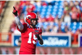 Calgary Stampeders Bo Levi Mitchell celebrates a first half touchdown against the Edmonton Elks at McMahon Stadium in Calgary on Saturday, June 25, 2022. 

