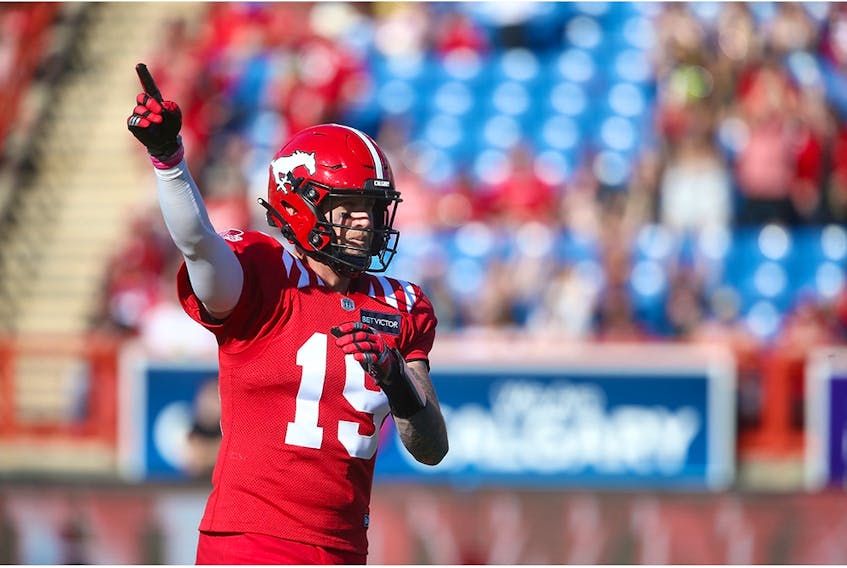 Calgary Stampeders Bo Levi Mitchell celebrates a first half touchdown against the Edmonton Elks at McMahon Stadium in Calgary on Saturday, June 25, 2022. 
