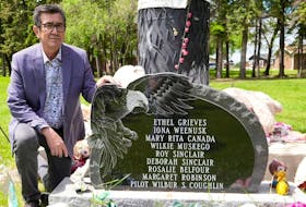 Bunibonibee Cree Nation Chief Richard Hart stands beside a memorial for the eight youth and one pilot that lost their lives in a plane crash in Winnipeg on June 24, 1972. The memorial is located near the former Portage la Prairie Indian Residential School, on the Long Plain First Nation urban reserve, near Portage la Prairie. Manitoba Keewatinowi Okimakanak Inc. photo