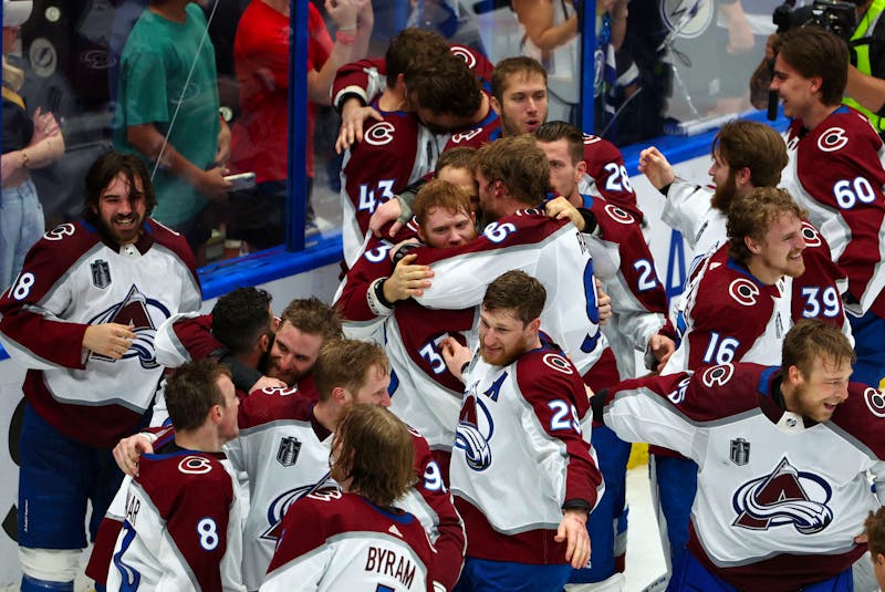 The Colorado Avalanche react after defeating the Tampa Bay Lightning in game six of the 2022 Stanley Cup Final at Amalie Arena. - Mark J. Rebilas-USA TODAY Sports