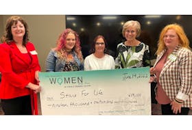 100 Women Who Care members Tammy Roach, left, and Roxanne Carter-Thompson, right, present Kandice Loughran, second left, executive director, Stars For Life, Kim Donnelly, program manager, Stars For Life, and Carolyn Bateman, board president, Stars For Life and a 100 Women Who Care member, with a donation at a recent meeting.