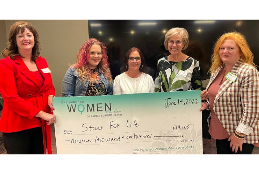 100 Women Who Care members Tammy Roach, left, and Roxanne Carter-Thompson, right, present Kandice Loughran, second left, executive director, Stars For Life, Kim Donnelly, program manager, Stars For Life, and Carolyn Bateman, board president, Stars For Life and a 100 Women Who Care member, with a donation at a recent meeting.