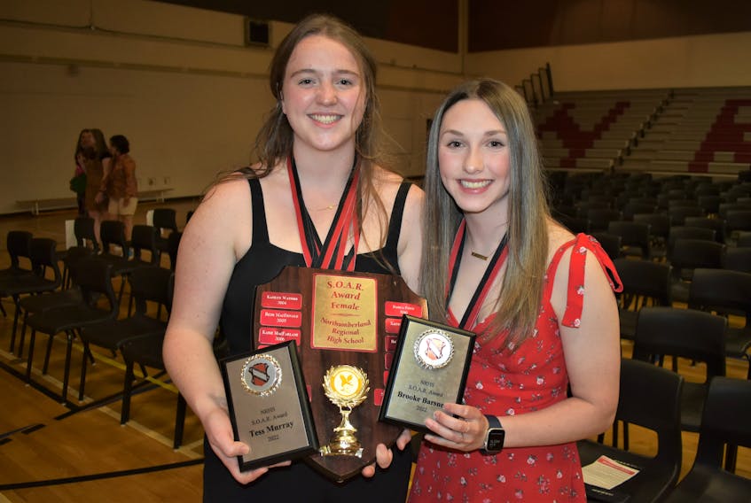 Tess Murray (left) and Brooke Barsness displaying their S.O.A.R. Awards following the ceremony.