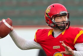 University of Calgary Dinos quarterback Andrew Buckley gets set for a pass against the UBC Thunderbirds in this photo from Nov. 14, 2015.