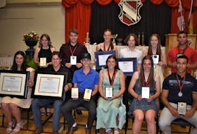Northumberland Region High School (NRHS) major athletic award winners included: Jessa MacKeil (standing, left) and Dylan Kontuk - Jared Ryan Memorial Award; Jenna MacLeod and Brennan Dalton - SSNS Ron O’Flaherty Scholar-Athlete Award; Jesse Maxner and Andrew Fisher - NRHS Athletic Banner Award; Keely McKay (sitting, left) and Nick MacMillian - SSNS Senior High Exemplary Participation Award; Cameron MacKinnon and Brooke Reid – NRHS Athlete of the Year Award; and Jordyn Ferguson and Balaam MacLeod – Haughan Memorial Sportsmanship Award.