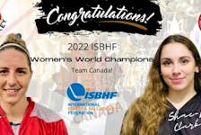 Dawn Tulk, left, Shae-Lynn Clarke, and missing from photo Kristen Cooze all worked together to win the 2022 women's ball hockey world championship in Laval, Que. Contributed.