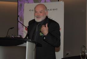 Bev Greenlaw speaks during his induction ceremony at the Canadian Collegiate Athletic Association (CCAA) Hall of Fame ceremony earlier this month in Halifax. - CCAA