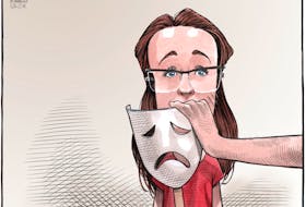 Bruce MacKinnon's cartoon for Nov. 26, 2014, depicting Rehtaeh Parsons emerging from behind the mask of anonymity as a second assailant pleaded guilty in her case. A victim of sexual assault and cyberbullying, Rehtaeh took her own life in April 2013.