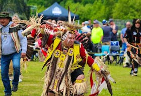 Paul Pike of Corner Brook dances at the last open Miawkupek powwow in July 2019.