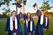 South Colchester Academy grads Brooklyn Shipley (left), Brooke Brown, and Shaylee Brown following the ceremony on June 29. RICHARD MACKENZIE PHOTO