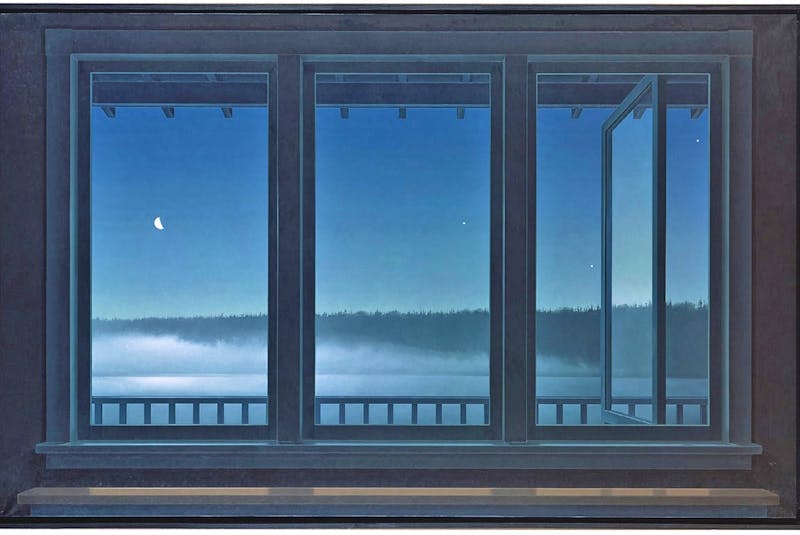 This oil on board painting, Half Moon and Bright Stars: My Bedroom, was painted by Christopher Pratt in September 2001. - ©Christopher Pratt, 2001
