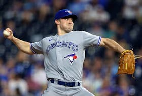 Starting pitcher Ross Stripling of the Toronto Blue Jays pitches during the 1st inning of the game against the Kansas City Royals at Kauffman Stadium on June 06, 2022 in Kansas City, Missouri.