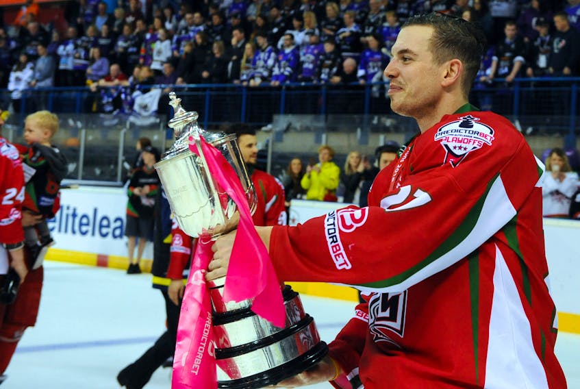 Cardiff Devils won the Elite Ice Hockey League Playoffs for the first time since 1999. 

Pictured is Devils forward Joey Haddad (No 27) with the playoff trophy

Credit - Dave Williams/Cardiff Devils
© Dave Williams
  Joey Haddad captured two Elite Ice Hockey League championships during his six years with the Cardiff Devils in the United Kingdom. The Sydney product officially retired as a player on Monday, ending a 12-year professional career. PHOTO CONTRIBUTED.