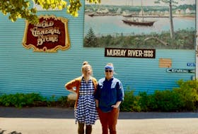 Paige Hart, left, and Christine Dickey plan to keep the mural of days gone by that has graced the side of their historic building in Murray River since the 1970s.