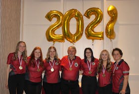 Nicole Pretty, left, Selina Sheppard, Erica Murphy, Art Wells (Coach), Katie Wells, Courtney Lucas, and Chelsea Noftall took home gold during the Canadian 5 Pin Open National Championship at home. Contributed.