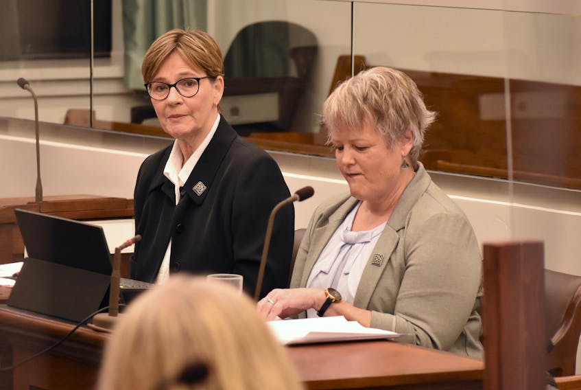 Vice-president Joanne Chisholm, left, and president Barbara Brookins from the P.E.I. Nurses' Union address the burnout nurses in long-term care are feeling during their presentation at the standing committee on health and social development at the Coles Building in Charlottetown June 8. Alison Jenkins • The Guardian