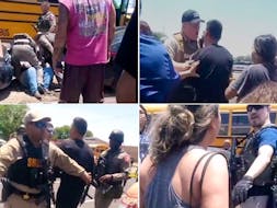 Anguished parents confront law enforcement officers on May 24, 2022 outside the locked-down Robb Elementary School in Uvalde, Texas. Police waited outside the school for more than an hour before entering to confront a mass killer.
