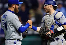 Making his Major League debut, pitcher Matt Gage is congratulated by catcher Danny Jansen after the Toronto Blue Jays defeated the Kansas City Royals 8-0 at Kauffman Stadium on June 6, 2022 in Kansas City, Missouri. Jansen will be out of the Toronto lineup for weeks after suffering a hand injury.

