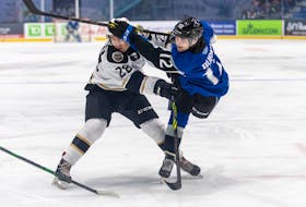 Brady Burns of Port Williams takes a shot for the Saint John Sea Dogs during a 2021-22 QMJHL game against the Charlottetown Islanders. - QMJHL
