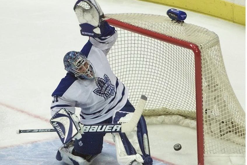 Leafs vs Ottawa Game 1. Curtis Joseph is beaten for the Sens second goal in the first period.