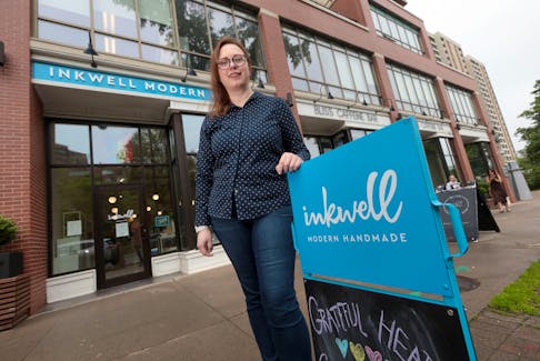 June 28, 2022--Andrea Rahal in front of her newly-located Inkwell Modern Handmade Boutique and Letter Press on South Park Street. Eleven years ago Rahal started with a shop on Market Street, but moved to the corner of Brunswick and Cogswell in 2017. 
ERIC WYNNE/Chronicle Herald
