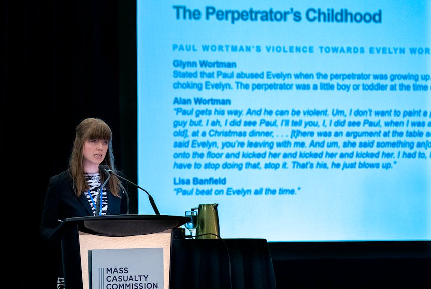 Mass Casualty Commission lawyer Laura Snowdon presents a foundational document about the killer's family history of violence and child abuse at the public inquiry in Halifax on Monday, July 11, 2022. - Andrew Vaughan / The Canadian Press