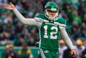 Brett Lauther acknowledges a successful kick during a CFL game last season. The Saskatchewan Roughriders place kicker from Truro is excited to play in the first CFL regular-season game held in Nova Scotia this Saturday. - POSTMEDIA NEWS