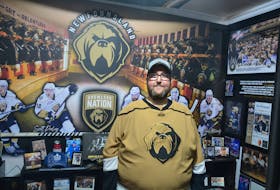 Mount Pearl’s Paul Loder is shown here in the middle of the Newfoundland Growlers-themed room. Loder is in the running for the ECHL Fan of the Year online contest currently taking place. Nicholas Mercer/The Telegram