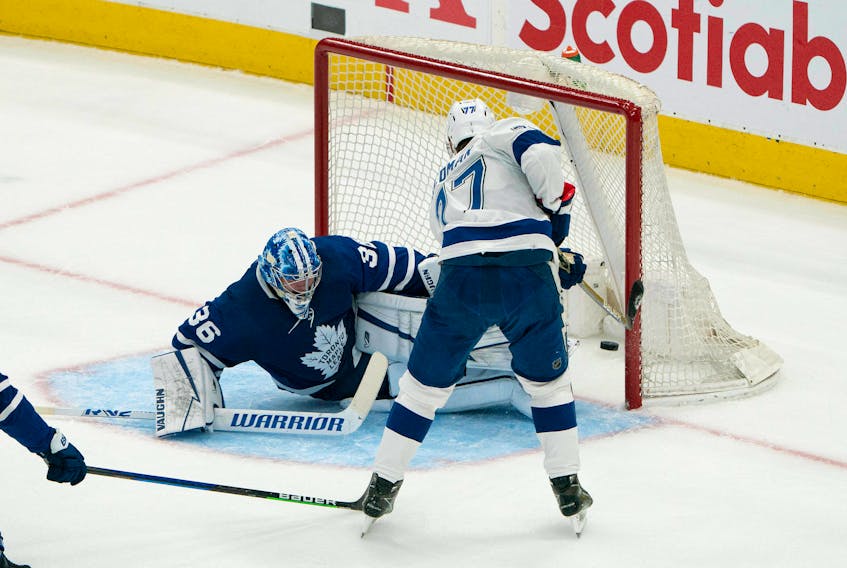 Tampa Bay Lightning’s  Victor Hedman (77) scores a goal on Toronto Maple Leafs goaltender Jack Campbell   during the first period of Game 2 in the first round of the 2022 Stanley Cup Playoffs in Toronto. Campbell opened the NHL free-agency period by signing with the Edmonton Oilers. Nick Turchiaro-USA TODAY Sports