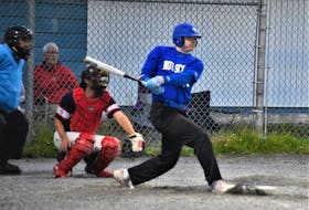 Team Nova Scotia infielder, Lower Truro’s Callum Bouma, makes sold contact versus Prodigy Sports Red Sox pitching in a recent game at the Peter Smith Memorial Ball Field in Lantz. Richard MacKenzie photo