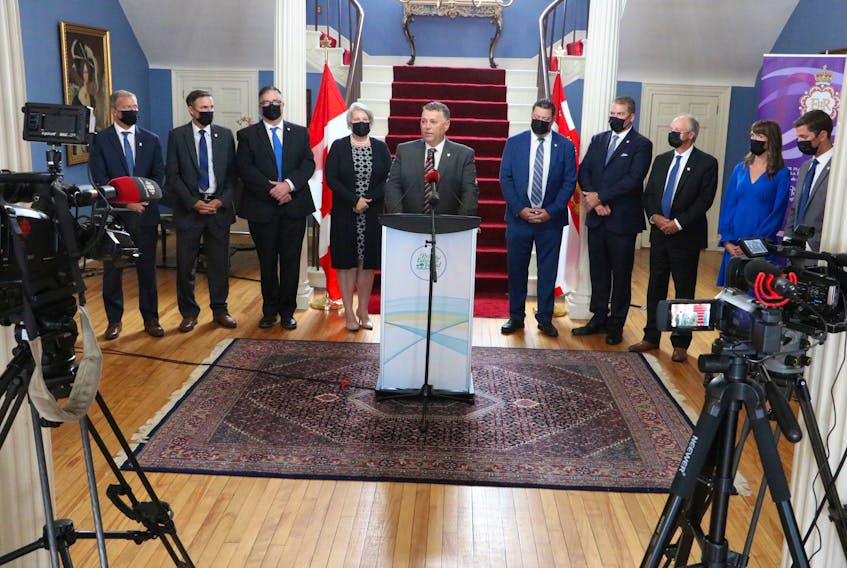 Premier Dennis King addresses the media after announcing a cabinet shuffle at Government House on July 15, 2022.