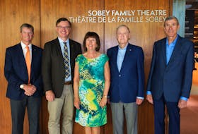The Confederation Centre of the Arts announced on July 15, 2022 the mainstage has been renamed the Sobey Family Theatre. From left: Confederation Centre board of directors chair Robert Sear, centre CEO Steve Bellamy, Janis Sobey-Hames, David Sobey and Chris Hames. Louise Vessey • Special to The Guardian