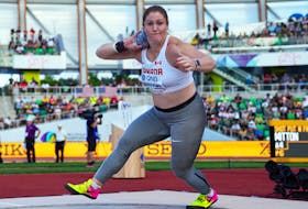 Canada's Sarah Mitton competes in shot put at the world athletics championships in Eugene, Oregon, on  Saturday night. Mitton, of Brooklyn, tied for third with a distance of 19.77 metres, but officially placed fourth based on the tiebreaker system that goes to the next-best throw. Jessica Schilder of the Netherlands  was awarded bronze due to a better second-best result. REUTERS/Aleksandra Szmigiel