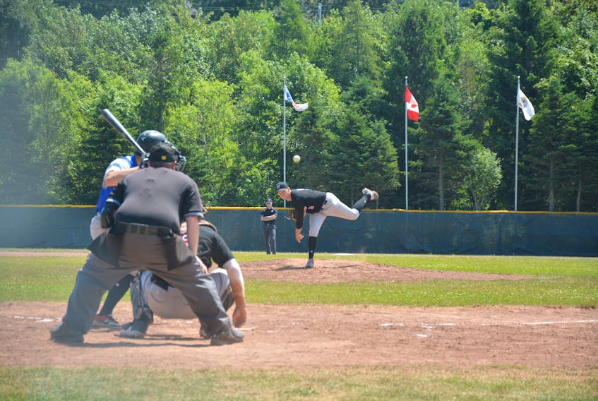 Conception Bay South Raiders pitcher Aaron Peach delivers a pitch to the plate against the Gander Pilots in the final of the Baseball NL Senior B provincial tournament Sunday afternoon at St. Pat’s Ball Park in St. John’s. Peach was named the tournament MVP as the Raider won the title 10-4. Nicholas Mercer/The Telegram