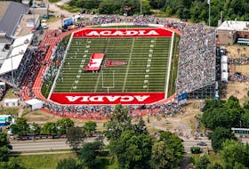 A sold-out crowd of 10,886 people attended the Touchdown Atlantic CFL game July 16 at Raymond Field on the Acadia University campus in Wolfville. Cpl. Jess Fox, from 14 Wing Imaging, captured this photo during the pre-game ceremony from a CH-148 Cyclone helicopter from 12 Wing Shearwater. A CH-149 Cormorant from 14 Wing Greenwood also conducted a flyby during the game. 
Jess Fox • 14 Wing Imaging