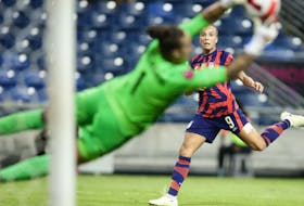 United States forward Mallory Pugh (9) shoots against Canada goalkeeper Kailen Sheridan (1) during the first half of the final match of the 2022 Concacaf W Championship soccer competition at University Stadium on July 18, 2023. 
