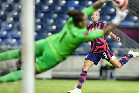 United States forward Mallory Pugh (9) shoots against Canada goalkeeper Kailen Sheridan (1) during the first half of the final match of the 2022 Concacaf W Championship soccer competition at University Stadium on July 18, 2023. 