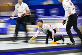 Brad Gushue delivers a stone against Germany during the 2022 LGT World Men’s Curling Championship in Las Vegas on Tuesday, April 5, 2022. Team Gushue will represent Canada at the upcoming Pan Continental Curling Championships. - John Locher/Postmedia