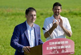 July 21, 2022--With the background of windmills on the sixth-generation dairy farm outside Milford, Prime Minister Justin Trudeau makes a $250 million funding announcement for green energy production Thursday morning. Behind him is Immigration Minister, Sean Fraser.
ERIC WYNNE/Chronicle Herald
