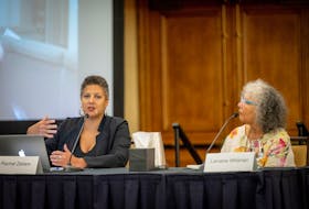 Rachel Zellars, left, and Lorraine Whitman participate in a roundtable discussion on intimate-partner, gender-based and family violence: personal and community responses at the Mass Casualty Commission in Halifax on Thursday, July 21, 2022.