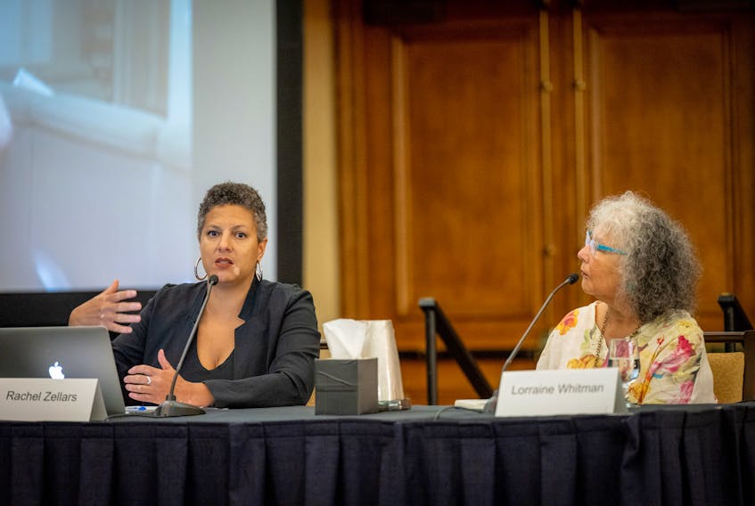 Rachel Zellars, left, and Lorraine Whitman participate in a roundtable discussion on intimate-partner, gender-based and family violence: personal and community responses at the Mass Casualty Commission in Halifax on Thursday, July 21, 2022.