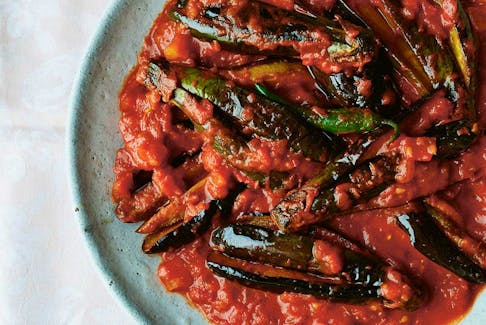 Tamatar te wangun (eggplants cooked with tomatoes) from On the Himalayan Trail.