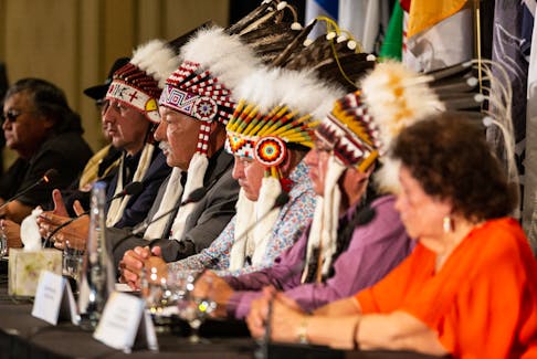 Grand Chief George Arcand Jr. of the Confederacy of Treaty Six First Nations and chief of Alexander First Nations speaks during a news conference on Thursday, July 21, 2022, with First Nations chiefs and residential school survivors ahead of a visit by Pope Francis  to Edmonton.