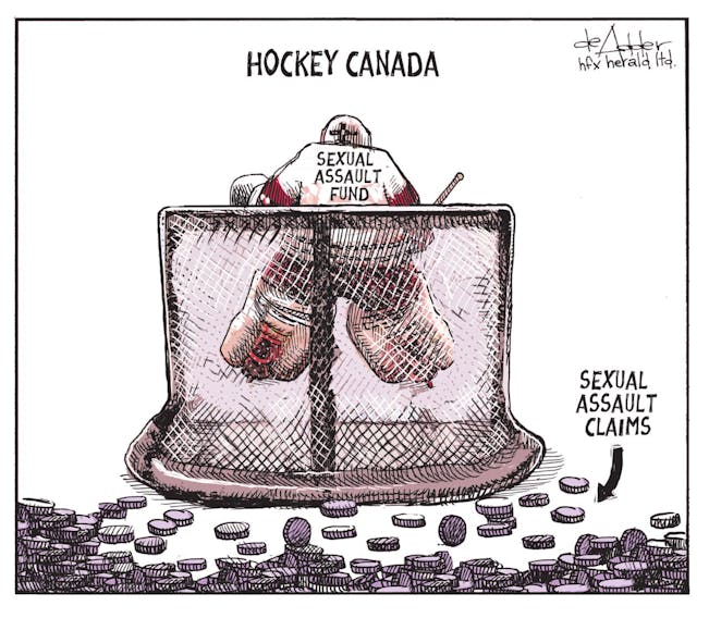 Michael de Adder cartoon for July 22, 2022. Hockey Canada, sexual assault, liability, fund