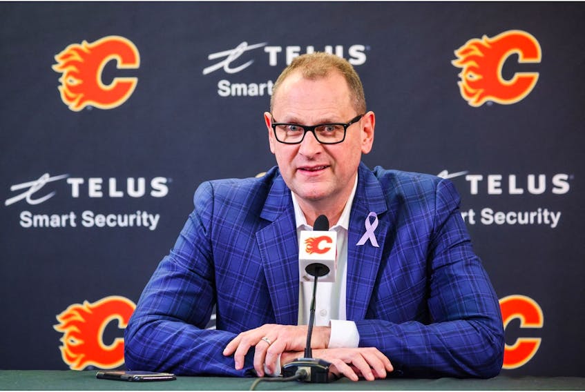 Mar 16, 2022; Calgary, Alberta, CAN; Calgary Flames General Manager Brad Treliving during interview prior to the game against the New Jersey Devils at Scotiabank Saddledome. Mandatory Credit: Sergei Belski-USA TODAY Sports