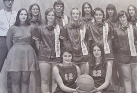 The 1972 varsity girl’s basketball team won CEC’s first provincial championship in the new school. Pictured are coach Keith MacKenzie (back, left), manager Margie Locke, Charlene Sutherland, Eva Carter, Pam Pauley, Debi Chateau, Mo Burris, Patti Hennessey, Juanita Ettinger, Marilyn Rushton, Jean Nickerson. Gail Jobb (front, left) and Gina Cochrane. Absent from the photo is Debbie Yuill. Contributed